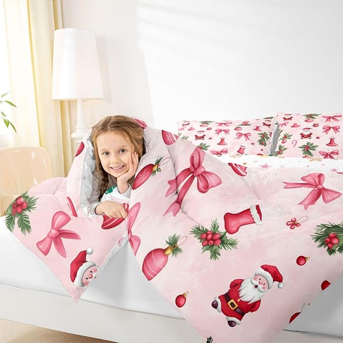 Feelyou Santa Claus Bedding Set Soft for Boys Girls, Pink Bow Comforter Set Twin Size Christmas Ornament Duvet Quilt Microfiber Candy Cane Bedroom Decor Holly Berry 2 Pcs with 1 Pillow Cases