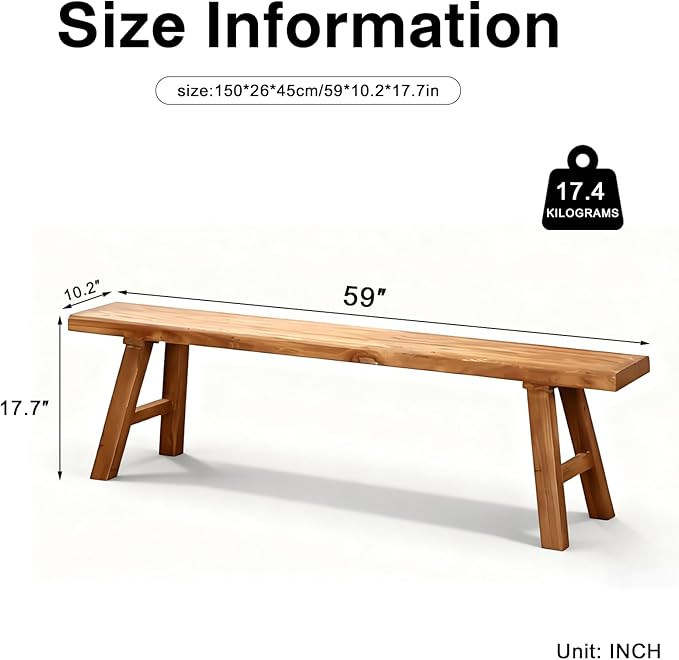 Wooden Entryway Bench Farmhouse for Bedroom End of Bed Vintage Artisan Live Edge Ustic Interior Decor Accent Mudroom,Bedside,Dinette Table,Noodle Narrow Bench (59" W x 17.7" H x 10" D)