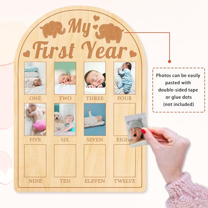 ORIGACH My First Year Baby Growth Photo Display Wood Board - 12 Months Newborn Milestones Photo Board - Neutral Baby Keepsake Frame 1st Birthday Party Nursery Decor New Mom Gift - Elephant
