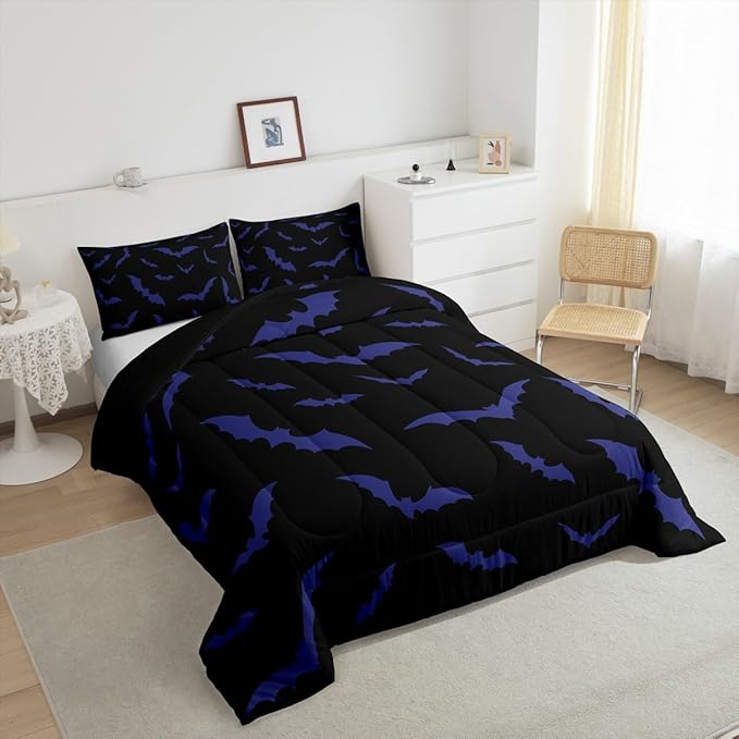 Erosebridal Bat Comforter Set King Size for Kids Boys Youth Halloween Decor Bedding Set Purple Bats Quilt Gothic Spooky Cartoon Down Comforter with 2 Pillow Cases,Black