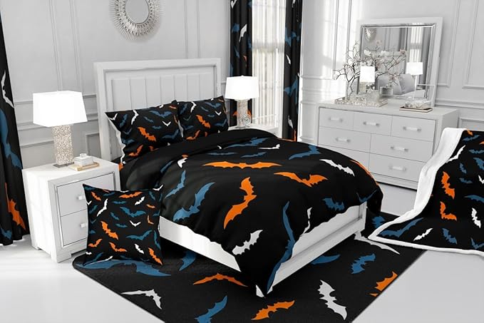 Erosebridal Bat Bedding Set for Kids Adults Boys Girls Happy Halloween Comforter Set Toddler Size Gothic Spooky Quilt Orange Bats Duvet Insert with 1 Pillow Case