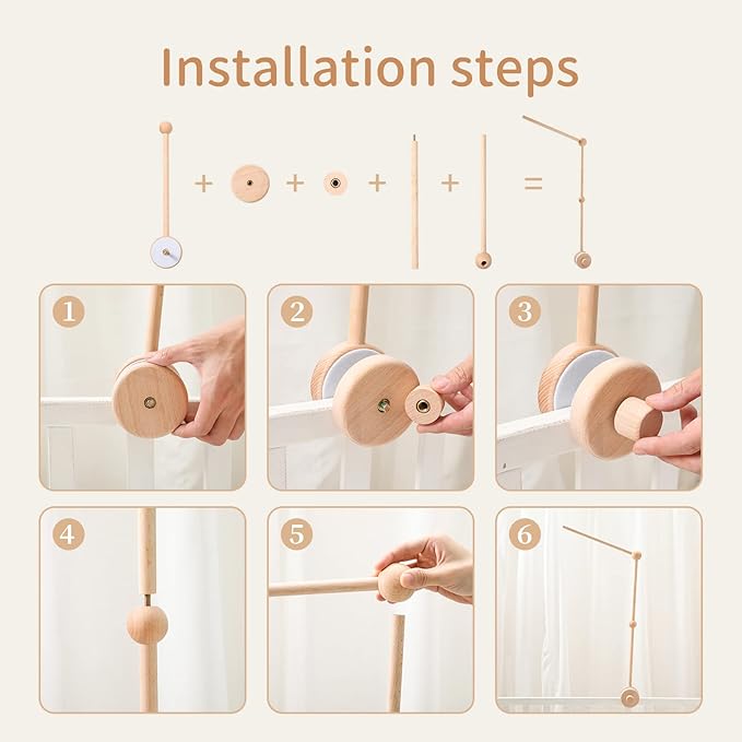 Baby Crib Mobile Arm Wooden Holder 30 inch Beech Hangers with Rotating Music Box Nursery Decor Attachment Safe Anti Slip Set