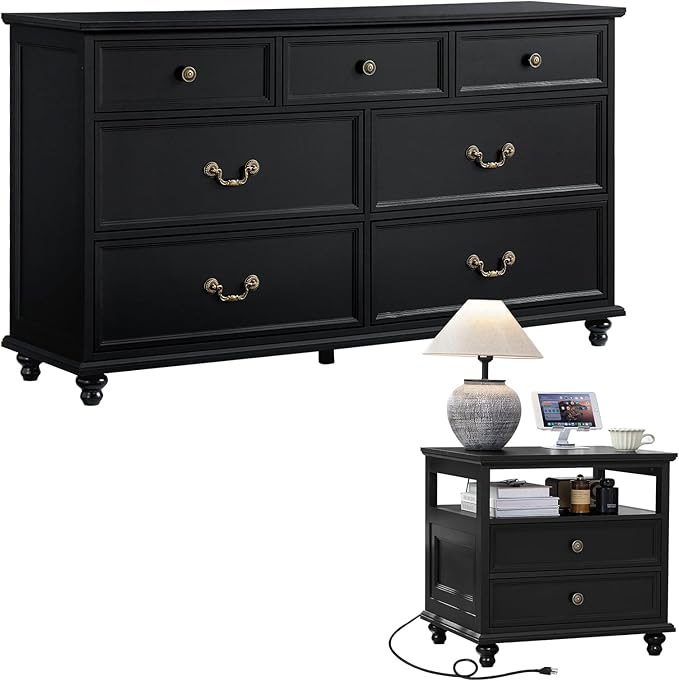 Farmhouse Dresser and Nightstand Sets, Wood 54" Wide Dresser & 24" Night Stand with Charging Station, 2 Piece Bedroom Furniture Set, Chest of Drawers for Bedroom, Home, Living Room, Hallway