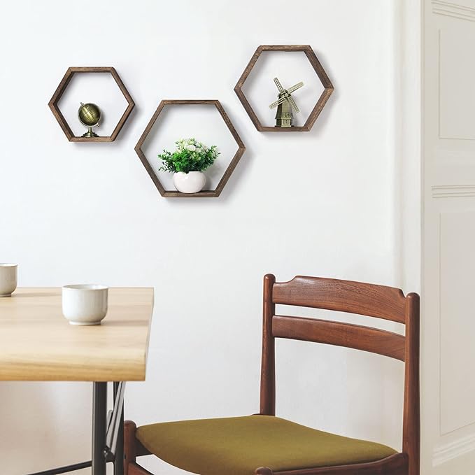 Hexagon Floating Shelves Set of 6 Farmhouse Honeycomb Wall Storage Shelf Wood Display Hexagonal Shelves Wall Mounted Hanging Rustic Shelf Racks for Bedroom Living Room Hallway Office Decor, Brown