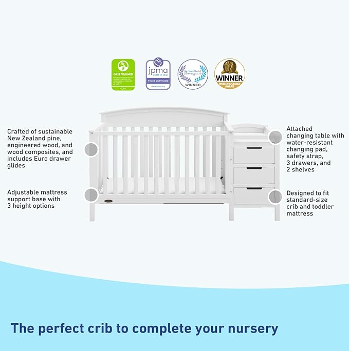 Graco Benton 4-in-1 Convertible Crib and Changer (White) – GREENGUARD Gold Certified, Crib & Changing Table Combo, Water-Resistant Changing Pad, Converts to Toddler Bed, Daybed and Full-Size Bed