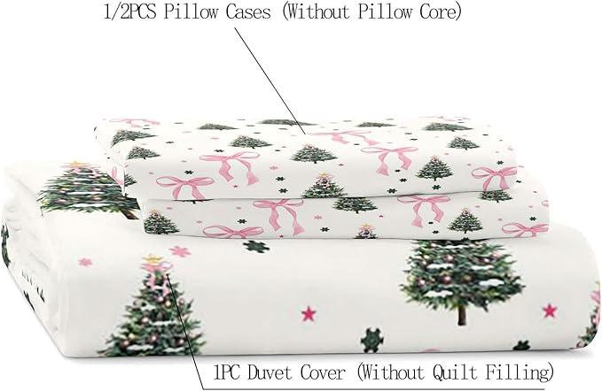 LUVIVIHOME 3PCS Pink Bow Christmas Tree Duvet Cover King Bedding Set, White Duvet Cover, Teen Girls Bedding, Winter Holiday Christmas Comforter Cover, Coquette Room Decor Aesthetic, 2 Pillow Shams