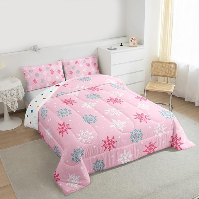 Feelyou Winter Snowflakes Bedding Set Soft for Boys Girls, Winter Holiday Comforter Set King Size Frozen Snowflake Duvet Quilt Microfiber Pink Bedroom Decor 3 Pcs with 2 Pillow Cases