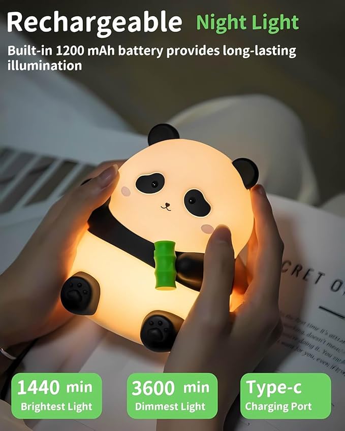 Panda Night Light, Cute Panda Lamp, Rechargeable Dimmable Silicone Nightlight with Timer, Squishy LED Animal Night Lamp, Kawaii Room Desk Decor Baby Night Light for Bedroom Kids Room