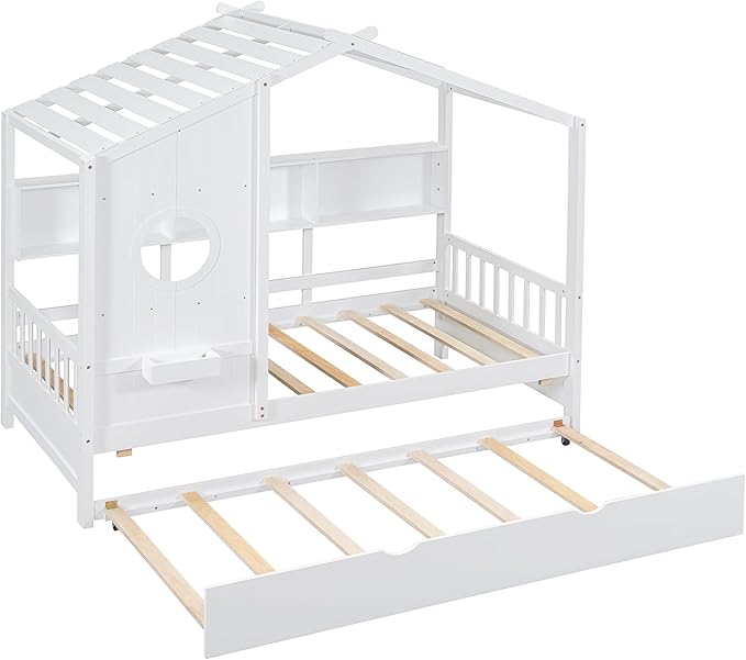 Linique Wooden Twin Size House Bed with Trundle and Storage Shelf,Modern Design Twin Platform Bed Frame with Pitched Roof,White
