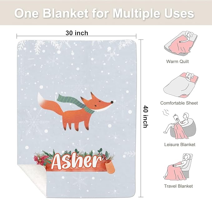 Fox Winter Personalized Receiving Sherpa Fleece Baby Blankets for Girls Boys Kids, Swaddle Blankets Gift for Newborn Crib Infants 30x40 Inches