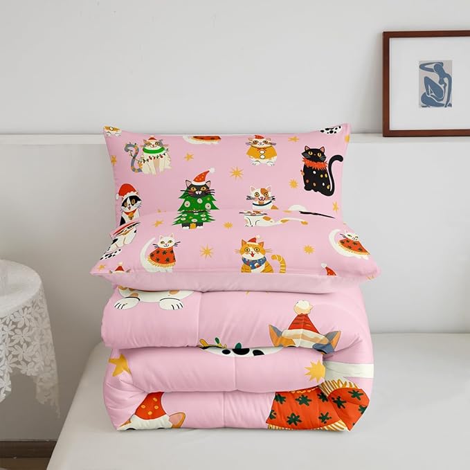 Erosebridal Christmas Decor Quilts Cute Cats Comforter Set Toddler Size for Kids Boys Girls Bedroom Xmas Tree Bedding Set Cartoon Animal Down Comforter with 1 Pillow Case