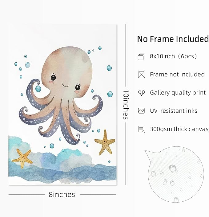 Wodkwq Nursery Wall Art Sea Animal Canvas Prints Baby Girl Boy Room Decor Watercolor Paintings Pictures Cute Ocean Theme Toddler Room Decoration Set of 6 for Kids Bedroom Bathroom 8x10in Unframed