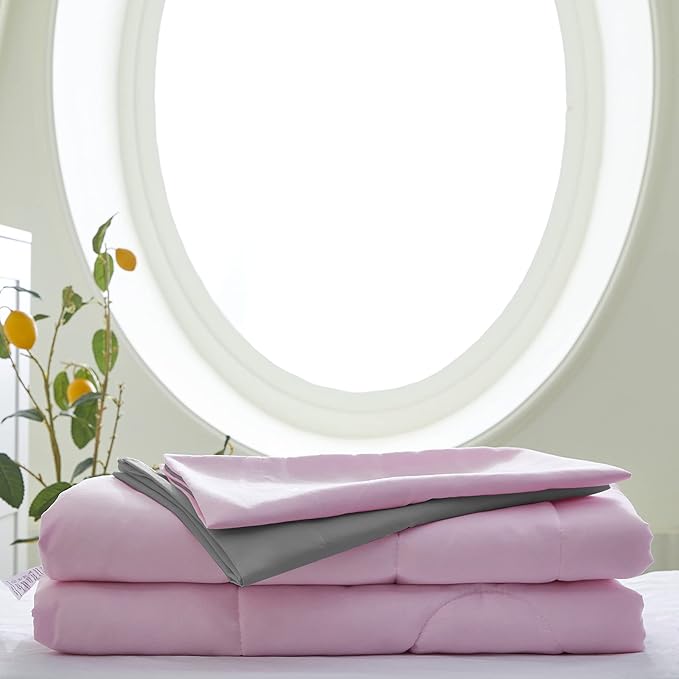 UOZZI BEDDING 4 Pieces Toddler Bedding Set Ultra Soft and Breathable Toddler Sheet Set - Includes Comforter, Flat Sheet, Fitted Sheet and Pillowcase - Pink & Gray