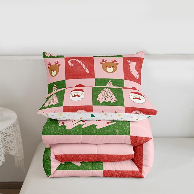 Feelyou Merry Christmas Bedding Set Soft for Boys Girls, Xmas Tree Santa Claus Comforter Set Twin Size Candy Cane Deer Duvet Quilt Microfiber Patchwork Bedroom Decor 2 Pcs with 1 Pillow Cases