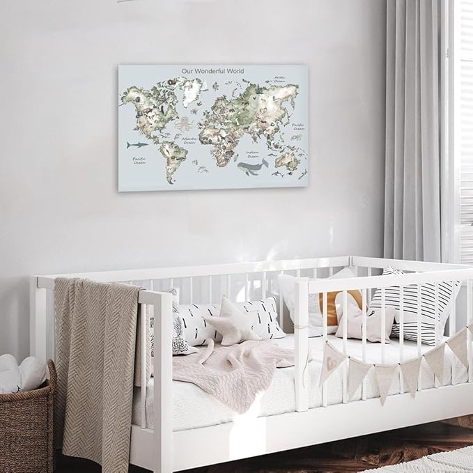 Educational Posters for Toddlers 1-3, Toddler Learning Poster for Kids Ages 3-5, World Map Canvas Print Nursery Preschool Homeschool Kindergarten Classroom Decor 12x18 Inch Framed B