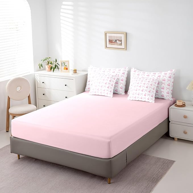 7 Pieces Cherry Bowknot Kid Comforter Set Queen,Pink Bow Tie Butterfly Knot Princess Bedding Set,Cartoon Bow Patchwork Dreamy Sweet（Comforter+Fitted+Flat Sheet+2 Pillowcases+2 Throw Pillow Covers）