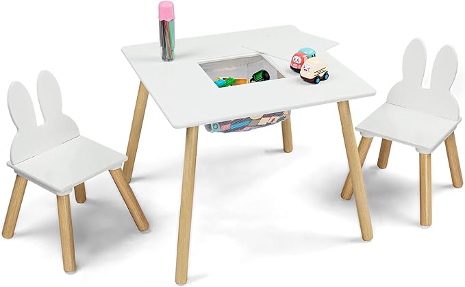 JOYMOR Kids Table and 2 Chairs Set, 3 in 1 Design for Toddler Activity, with Removable Tabletop, Storage Space and White Bunny Ear Chairs, Ideal for Craft and Playroom, Fit for Kids 2 to 5 Years Old
