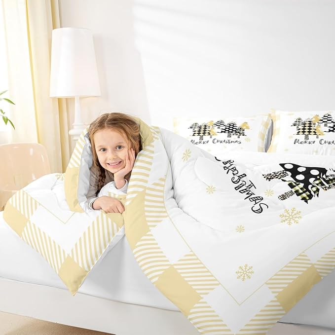 Manfei Xmas Tree Comforter Set King Size, Yellow Plaid Grid Snowflake Down Comforter with 2 Pillowcases, Christmas Theme Bedding Set 3pcs for Kids Girls Adults Room Decor New Year Duvet Insert