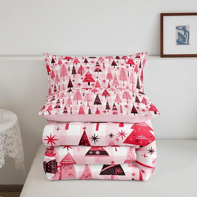 Manfei Cartoon Tree Comforter Set Twin Size, Christmas Theme Bedding Set 2pcs for Kids Girls Adults Bedroom Decor, New Year Pink Plaid Down Comforter Soft Polyester Quilt Set with 1 Pillowcase
