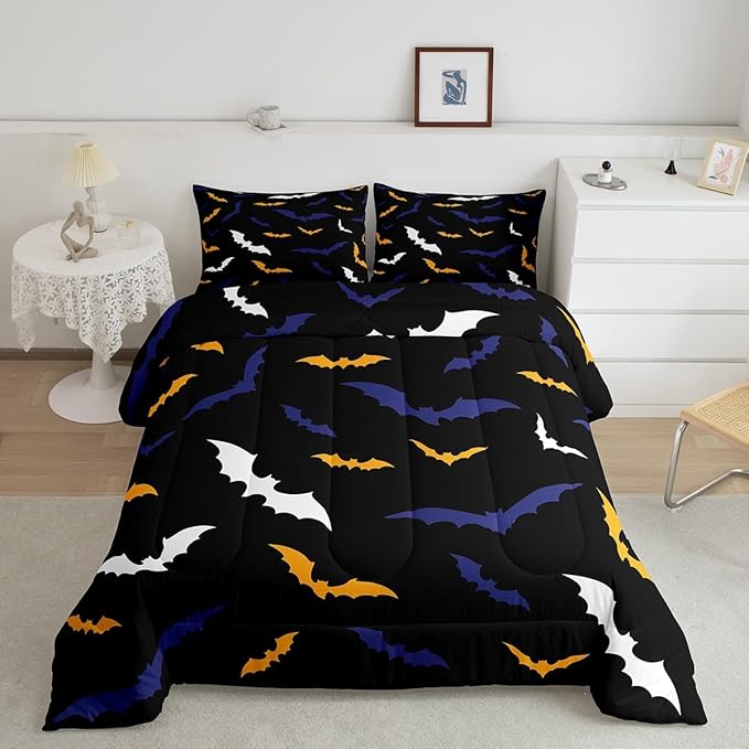 Erosebridal Bat Comforter Set King Size for Kids Boys Happy Halloween Decor Quilt with 2 Pillow Cases Bats Animal Silhouette Bedding Set Gothic Spooky White Duvet Insert,Orange