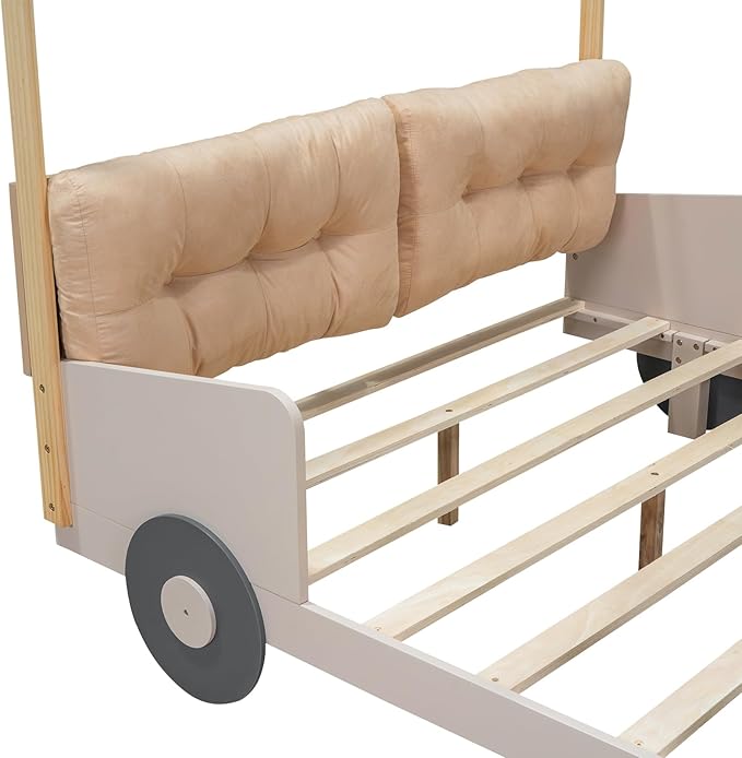 Classic Full Size Car-Shaped Platform Bed with Wheels and Ceiling Cloth, Solid Wood Low Bed Frame with Pillow and LED Lights, Cute Floor Bed for Kids Boy Girls