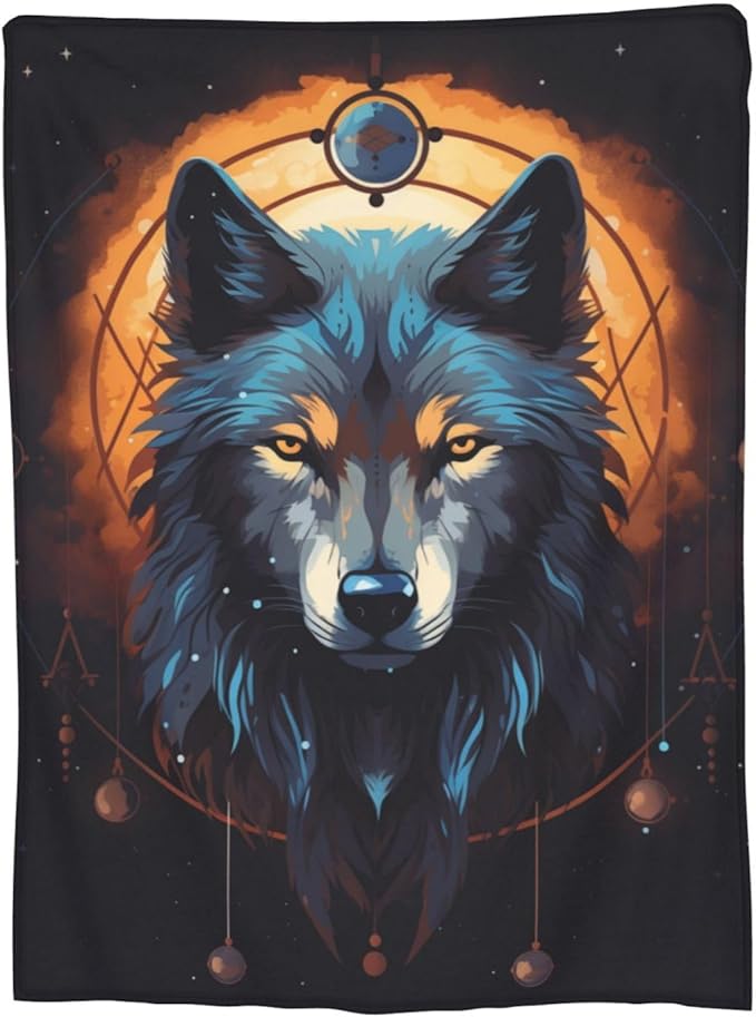 Cartoon Wolf Dream Catcher Blanket Gifts Moon Wolves Flannel Throw Blankets for Home Decor Couch Bed Sofa Soft Fuzzy Lightweight for All Season 50x40 Inches