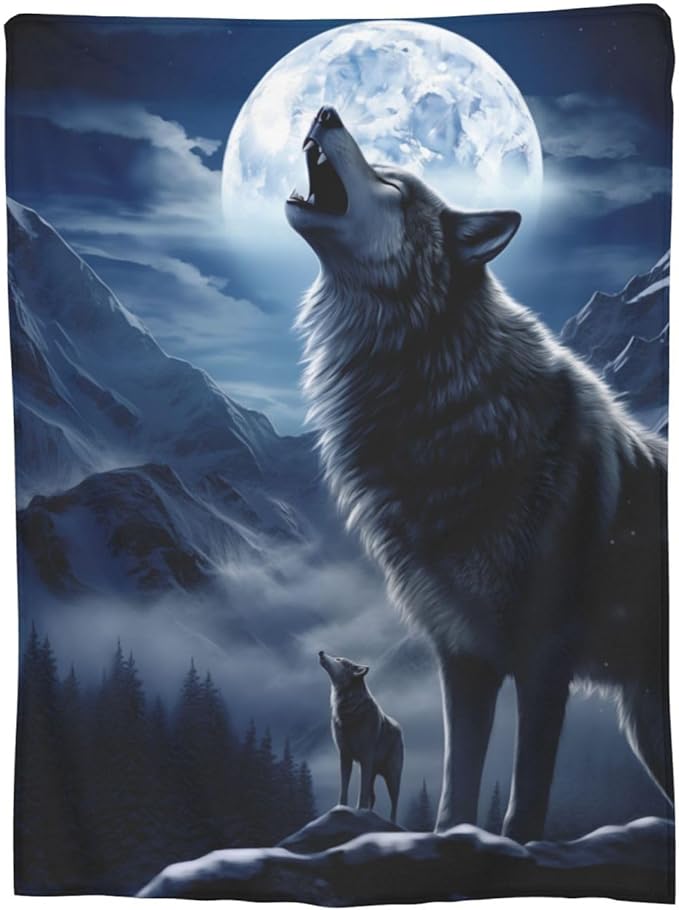 Snowy Mountain Wolf Blanket Gifts Moonlit Night Wolves Flannel Throw Blankets for Home Decor Couch Bed Sofa Soft Fuzzy Lightweight for All Season 50x40 Inches