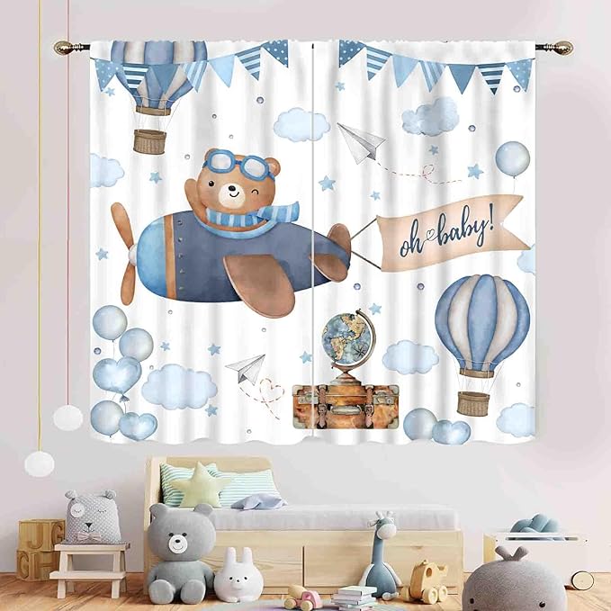 Cartoon Bear Curtains, Kids Boys Girls Cute Lovely Bear Adventure Airplane Cloud Pastel Blue Window Drapery Treatments for Baby Living Room Bedroom Nursey Toddler Classroom 2 Panels, 42"x63" Inch