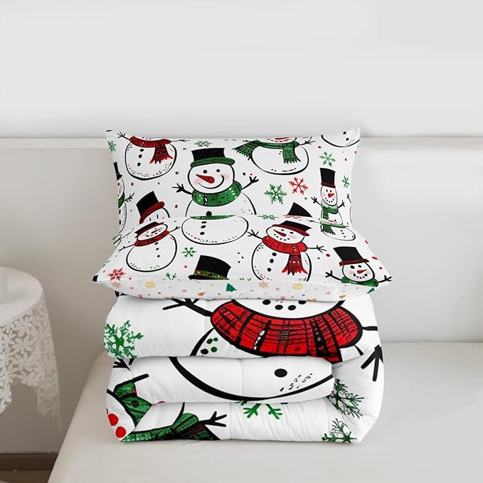 Feelyou Christmas Comforter Set All Season Snowman Bedding Set with 1 Pillow Cases Snowflake Microfiber Kids Twin Bedclothes Bedroom Decor Duvet Quilt Breathable Soft Lightweight