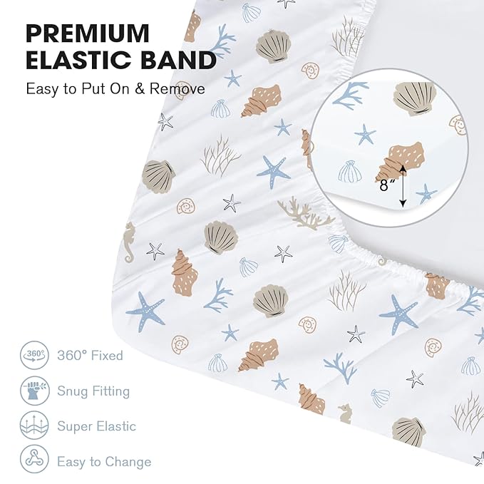Little Grape Land Crib Sheets for Boys, 2-Pack Soft Microfiber Fitted Baby Crib Mattress Sheets – Breathable, Oeko-TEX Certified, Fits Standard Crib and Toddler Bed (Shells & Blue)