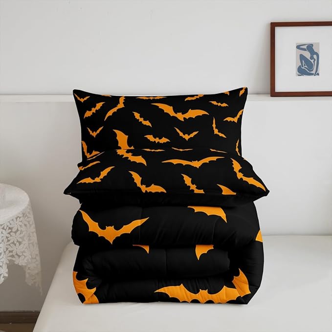 Erosebridal Bat Quilt Happy Halloween Decor Comforter Set Queen Size for Kids Boys Youth Gothic Spooky Bedding Set Orange Bats Silhouette Duvet Insert with 2 Pillow Cases