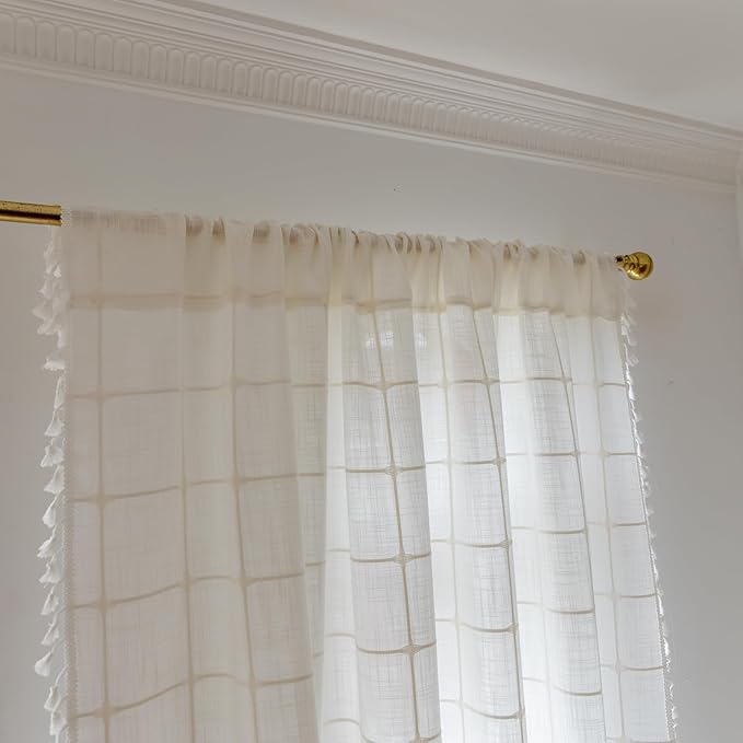 Deeprove White Boho Curtains for Bedroom 84 Inches Long, Cream Checkered Bohemian Chic Textured Embroidery Plaids, Vintage Handmade Tassels Country Decor Drapery, Rod Pocket, 1 Panel W52 x L84