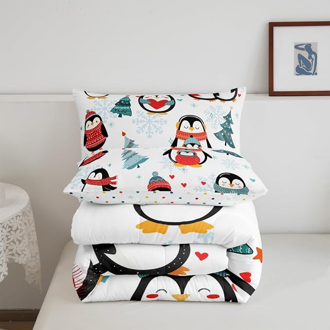 Cartoon Penguin Bedding Set for Boys Girls,Winter Snowflake Happy Xmas Theme All Season Cozy Comforter Set Full Size,Christmas Tree Duvet Set Bedroom Decor,Festival Gifts