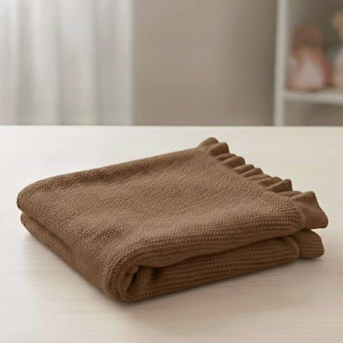 Cotton Baby Blanket with Ruffle Edge Soft Breathable Newborn Blanket for Boys & Girls, Lightweight Knit Throw for Crib, Stroller & Nursery Multiple Colors Available Mocha 30x30