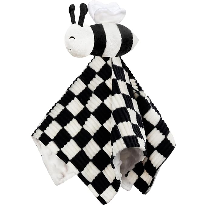 High Contrast Baby Security Blanket for Boys Girls 3D Soft Checkerboard Gingham with Minky Dot Fabric Backing Bee Snuggle Stuffed Animal Lovely Black 14 Inch