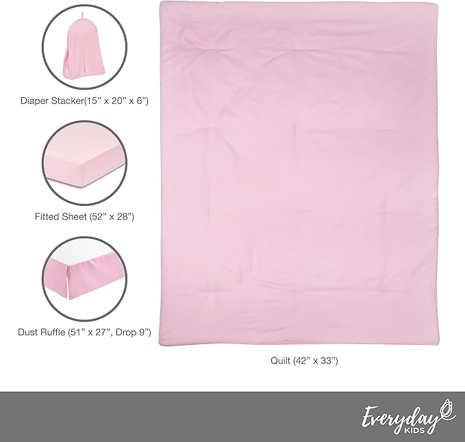 EVERYDAY KIDS 4 Pc Crib Bedding for Girls Nursery Set Includes Baby Bed Quilt, Fitted Sheet, Dust Ruffle and Diaper Stacker- Nursery Bedding Set - Baby Crib Bedding Set in Pink