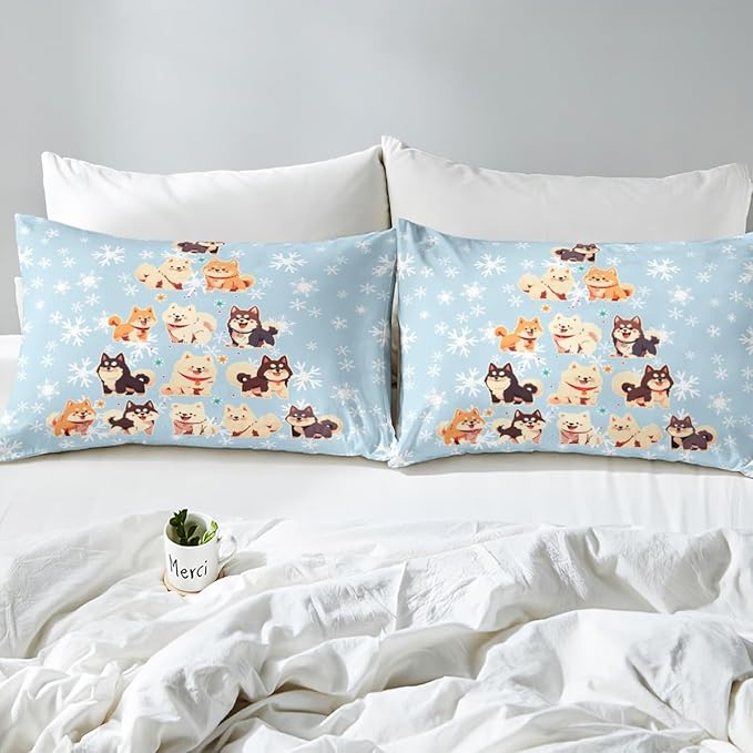 Manfei Xmas Tree Duvet Cover Set Full Size, Cute Christmas Dogs Print Comforter Cover with 2 Pillowcases, New Year White Snowflake Print Bedding Set 3pcs for Kids Boys Girls Bedroom Decor,No Comforter