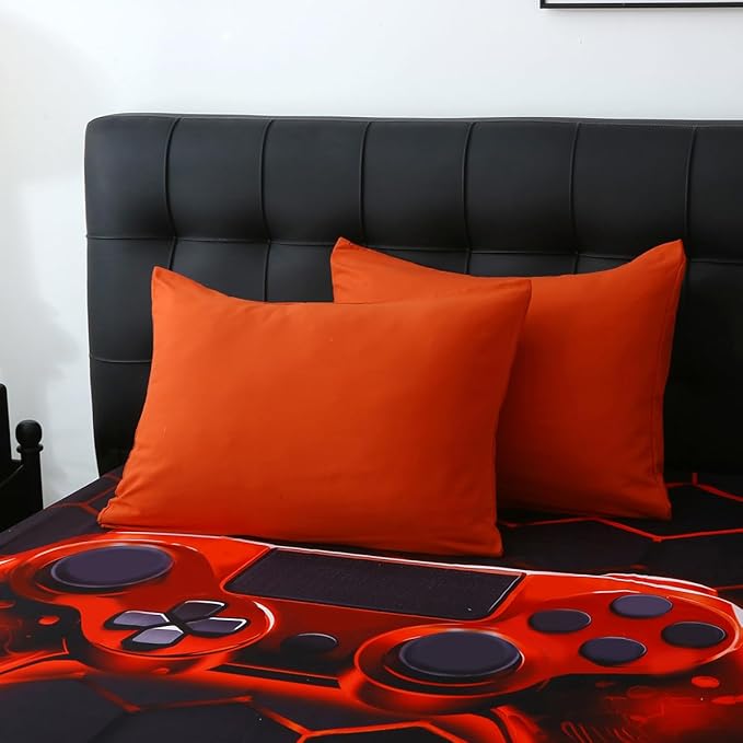 Wajade Game Console Comforter Set for Boys 7 Piece Orange 3D Gaming Geometric Bedding Sets for Kids Queen Size as Birthday with Comforter, Sheet Set, Pillowcase and Sham