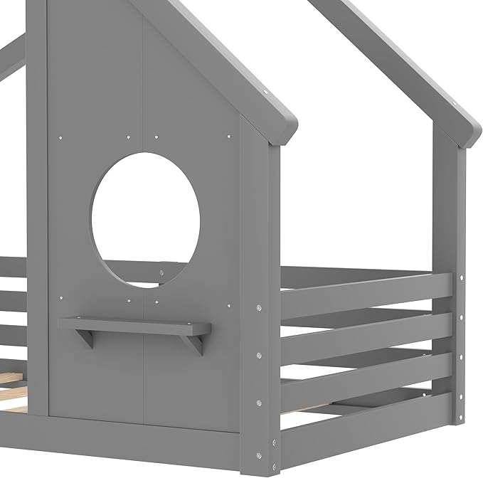 SOFTSEA Twin Size Floor House Bed with Roof, Solid Wood Montessori Bed Frame with Slats and Guardrails, Kids Playhouse Floor Bed for Boys Girls, No Spring Box Needed, Grey