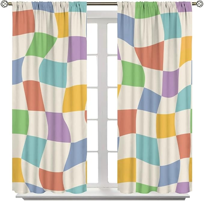 Checkered Curtains,70s Vintage Twisted Checkered Window Drapes Colorful Groovy Trendy Wavy Hippie Grid Print Window Treatments for Kids Girls Bedroom Living Room Bathroom 63" W X 72" L