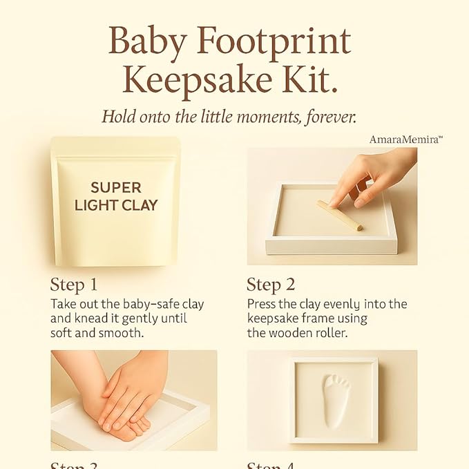 Baby Handprint or Footprint Kit – 4-Grid Clay Keepsake Frame with Baby Photo Display – Newborn Nursery Gift for New Moms, Baby Shower & First Memories