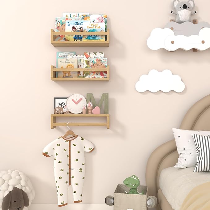 Floating Nursery Book Shelves for Wall, 15.7 Inch Nature Solid Wood Wall Mounted Bookshelf Set of 3, Hanging Bookshelves for Kids Room, Bedroom Nursery Decor and Book Storage (Wood)