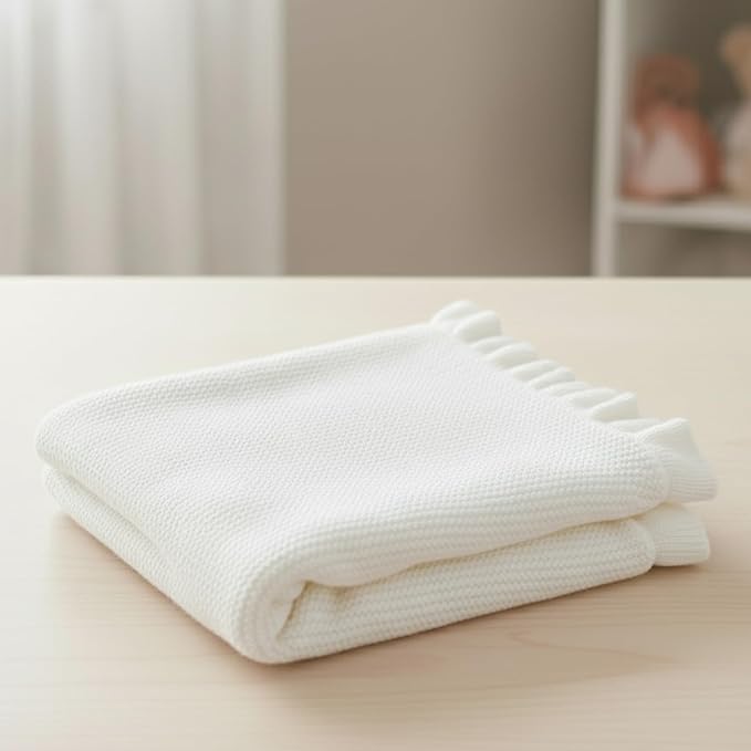 Cotton Baby Blanket with Ruffle Edge Soft Breathable Newborn Blanket for Boys & Girls, Lightweight Knit Throw for Crib, Stroller & Nursery Multiple Colors Available White 28x36
