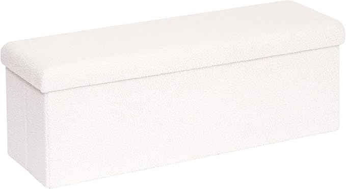 PINPLUS Folding Storage Ottoman Bench, Upholstered Sherpa Ottoman, Large Storage Chest Footrest Footstool with Lids, Entryway Bench for Living Room Bedroom, White, 43.3'' x 15'' x 15''