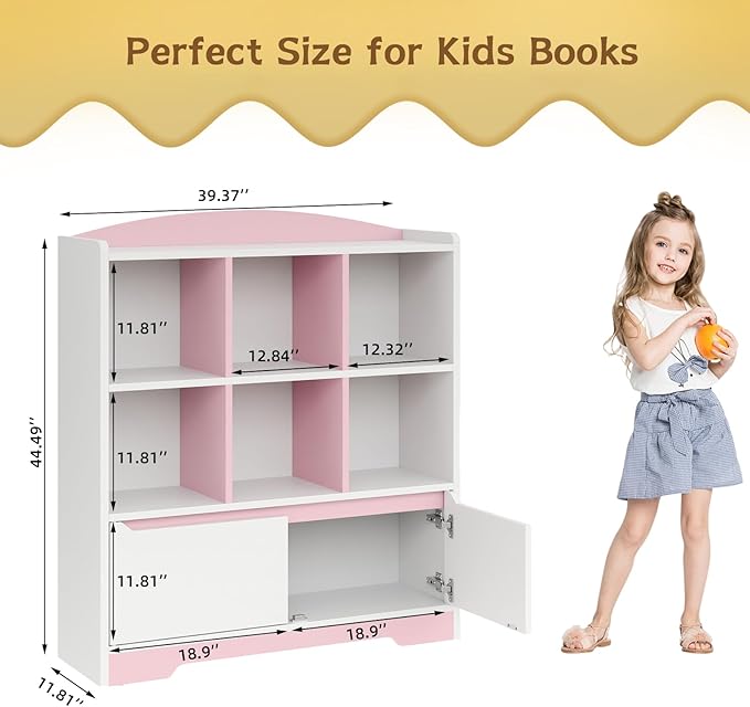 Kids Bookshelf and Toy Organizer, 2 Tier Kids Book Shelf for Kid Rooms with 2 Doors, 6 Cubes Storage Organizer,Wood Children Bookcase,Freestanding Toddler Book Display Shelf for Playroom WhitePink