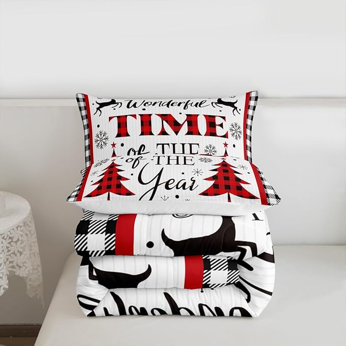 Merry Christmas Kids Comforter Set Twin Size,Snowflake Deer Pine Trees Romantic Bedding,Girls Boys Adults Bedroom/Xmas Cabin Decor,Grids Stylish Down Comforter,Rustic Duvet Insert,1 Pillowcase