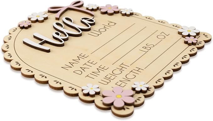 Baby Announcement Sign with Stand & Marker – Hello World Wooden Name Plaque for Newborn Photoshoot, Baby Shower, Rustic Keepsake Birth Stat Sign for Hospital Birth Announcement (Daisy)