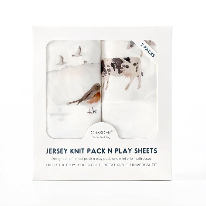 Pack n Play Sheets Fitted 2 Pack, Stretchy Ultra Soft Jersey Knit Pack and Play Sheets, Universal Fitted Portable/Mini Crib Mattresses Snug and Safe, Stylish Pattern for Boy and Girl