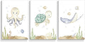 Wodkwq Ocean Nursery Decor,Nursery Wall Decor,Kids Bathroom Decor,Under The Sea,Boys Room Sea Animal Wall Art Picture Canvas Prints Set of 3,Bedroom 16x24 Inch Framed