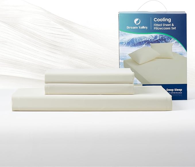 Dream Valley® King Size Sheets Set, Cooling Fitted Sheet with 2 Pillowcase-3 PCS with No Flat Sheet,Q-Max > 0.4 Aerocool, Cooling for Night Sweats, Hot Sleepers,deep Pocket up to 15",Ivory